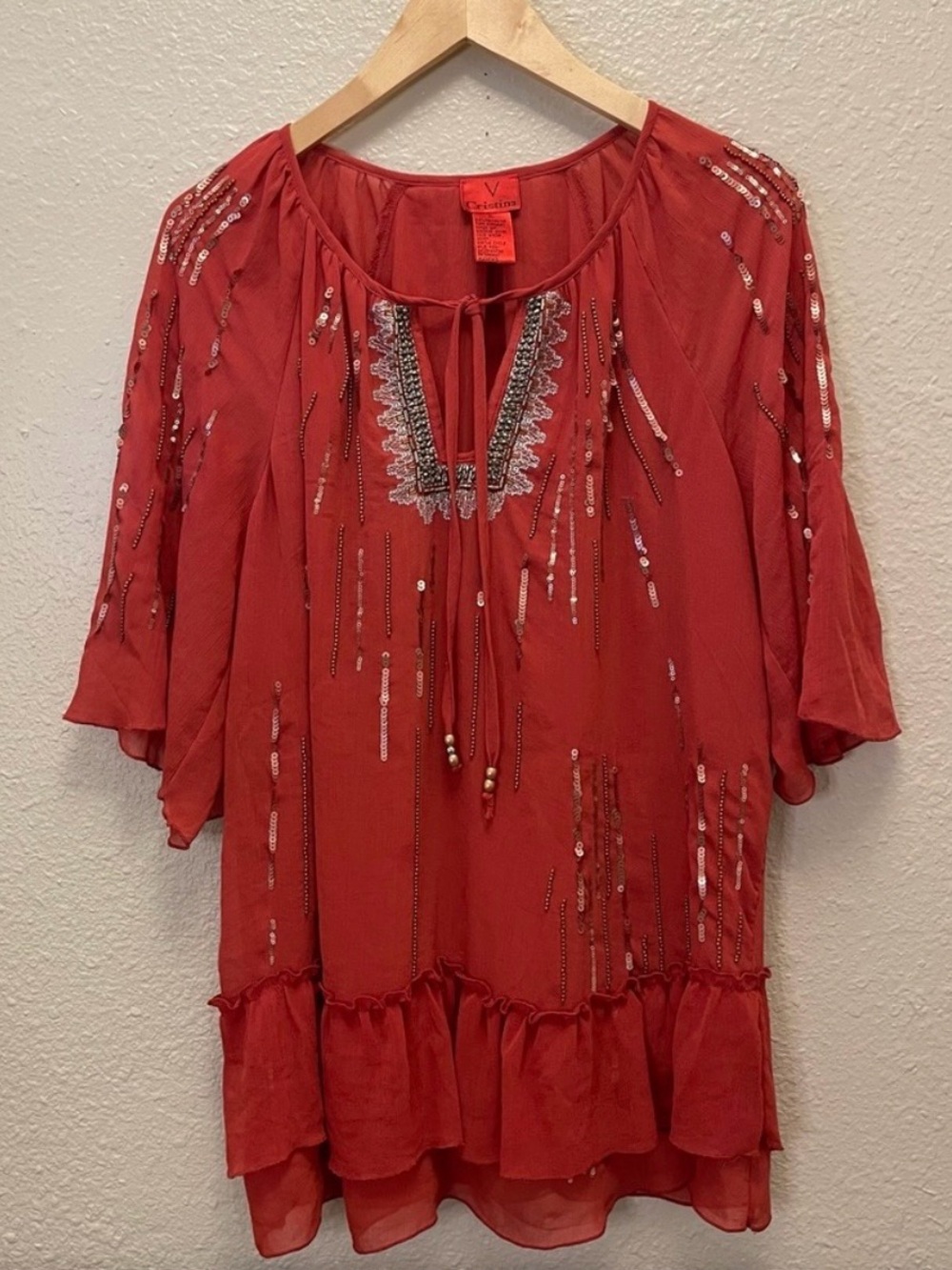 V Cristina Women’s Terracotta Embroidered Sequin Beaded Peasant Blouse Top XL